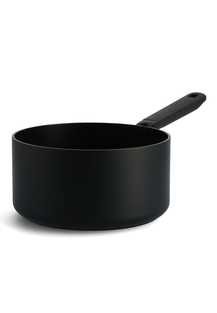 Schwarzer, runder Kochtopf mit glatter Oberfläche und robustem Griff. Aus Metall gefertigt, mit minimalistischer Gestaltung und ohne sichtbare Verzierungen.