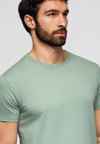 Homme aux cheveux courts et foncés avec une barbe, portant un T-shirt vert clair à col rond, regardant vers la droite sur un fond uni.