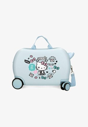 Maleta con ruedas color azul claro para niños, decorada con Hello Kitty y gráficos coloridos que incluyen lazos, corazones y mensajes positivos.