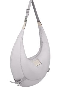Borsa a spalla in tessuto grigio con una forma curva e semi-circolare. Presenta un'apertura con zip e una tracolla regolabile con una clip metallica.