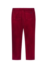 Rode corduroy broek met een gladde textuur, voorzien van twee achterzakken en een strakke tailleband, ontworpen voor een rechte pasvorm.