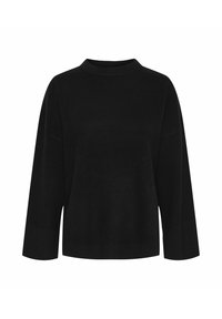 Pullover nero realizzato in tessuto morbido con scollo rotondo, spalle scese e maniche a tre quarti. Texture liscia, design semplice.