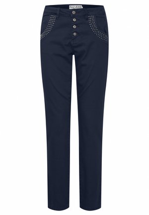 Mørkeblå bukser med slim fit, med dekorative nitter på frontlommerne og en fem-knap lukning. Glat tekstur.