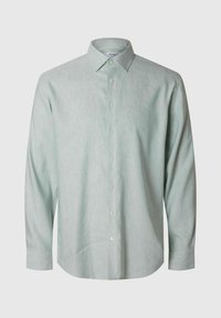 Camicia a maniche lunghe di colore verde chiaro realizzata in tessuto testurizzato, con colletto standard e chiusura frontale con bottoni leggeri.