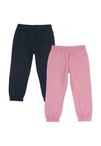 Zwei Paare Kinderhosen: eine in Marineblau und eine in Hellrosa, beide aus weichem Baumwollstoff mit elastischen Bündchen und Taillenbändern.