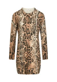 Robe à manches longues avec un motif serpent, présentant des tons terreux de marron et de beige. Texture lisse avec un col rond.