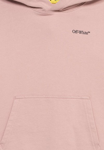 Light pink hoodie featuring a front kangaroo pocket and small "Off-White™" logo printed on the upper left chest.