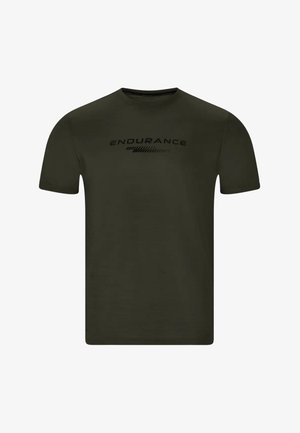 Donkergroene T-shirt met korte mouwen en ronde hals met het woord "ENDURANCE" en een gestreepte afbeelding eronder op de borst.