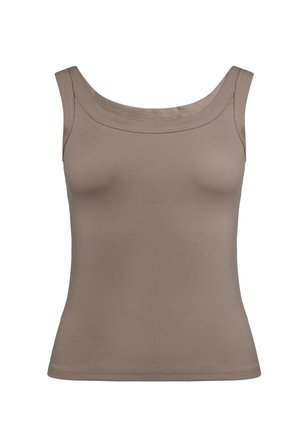 Ærmeløs ribbet taupe tanktop med brede stropper og rund halsudskæring.