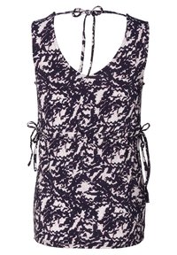 Top senza maniche a stampa navy e rosa con scollatura a V, spalline regolabili con legatura sul retro e lacci laterali per una vestibilità su misura. Tessuto morbido.