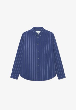 Námornícka košeľa na gombíky s bielymi vertikálnymi prúžkami, dlhými rukávmi a náprsníkovou vreckom. Vyrobená z hladkej tkaniny s dizajnom goliera.