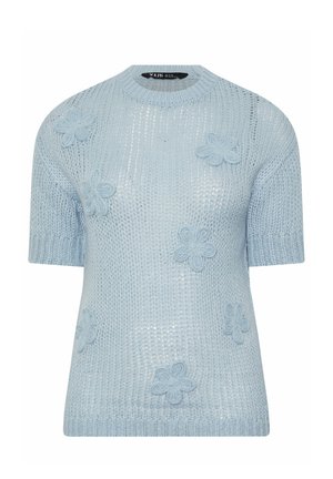 Maglione a maniche corte in maglia azzurro chiaro con scollo rotondo e decorazioni floreali 3D applicate sparse sulla parte anteriore.