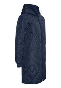 Mørkeblå quilted lang jakke med hætte, med lynlås foran, to lommer og elastiske manchetter for ekstra komfort og isolering.