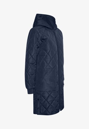 Navy quilted long coat with hood, featuring a zip front closure, two pockets, and elastic cuffs for added comfort and insulation.