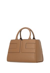 Borsa a tracolla in pelle color tan con design strutturato, caratterizzata da due accenti rettangolari sul davanti, manici arrotondati e una texture liscia.