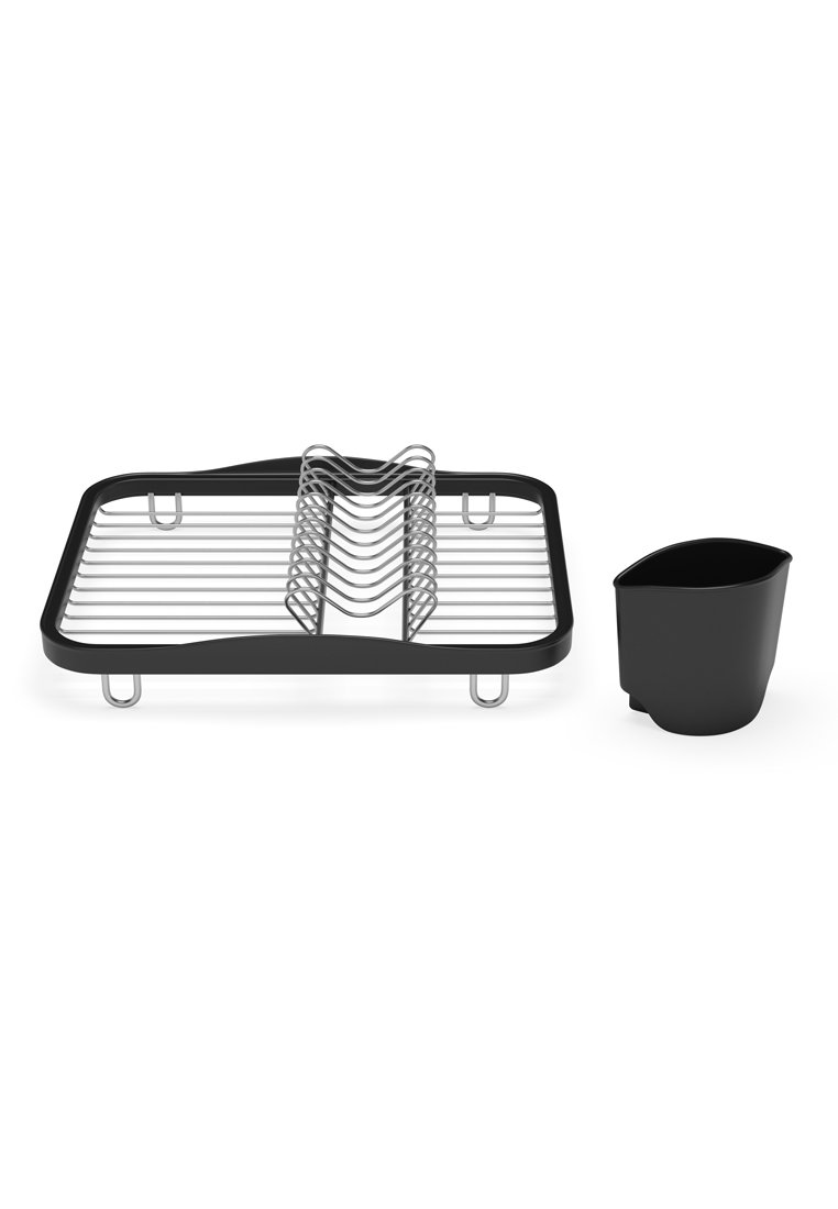 Scolapiatti nero con design in filo di acciaio inossidabile, dotato di un vassoio di raccolta in plastica nera removibile. Forma rettangolare, struttura minimalista.