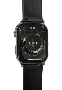 Black smartwatch with a rectangular glass display, smooth surface, and a silicone strap. Back features sensors and engraved details.
