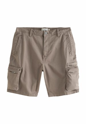 Shorts cargo beige en tissu léger, avec deux poches avant, deux poches cargo latérales zippées et une fermeture par bouton.