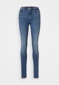 Közepes kék farmer skinny farmernadrág, magas derekú, öt zsebbel, sima textúrával és minimális kopással.