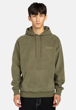 Olivgrüner Cord-Hoodie mit einer Fronttasche und Kordelzügen, ausgestattet mit einem kleinen "Element"-Logo in einer hellen Nuance auf der Brust.