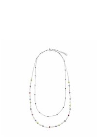 Srebrna naszyjnik z dwoma warstwami, ozdobiony wielokolorowymi koralikami i małymi metalowymi akcentami, z bezpiecznym zapięciem i regulowanym łańcuszkiem.