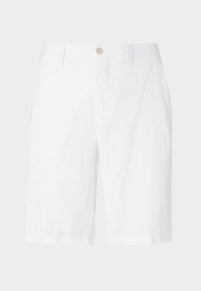 Shorts en lin blanc avec fermeture à bouton, présentant une coupe décontractée, droite, et sans motifs ni accents visibles. Texture lisse.