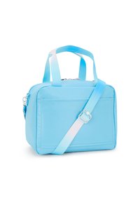 Borsa rettangolare azzurro chiaro in nylon, dotata di due manici corti e una lunga tracolla staccabile. Chiusura con zip e texture liscia.