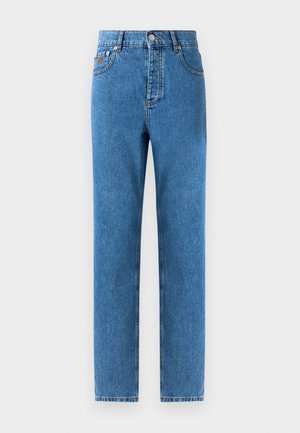 Denim jeans in medium blue with a straight cut, five pockets, a button fly, and light fading on the fabric for subtle texture variation.