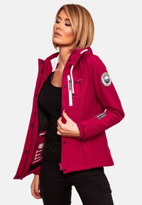 Fuchsia jacket with a white inner lining, zip and snap closures, side pockets, and logo patch on the sleeve. Smooth fabric and tailored fit.