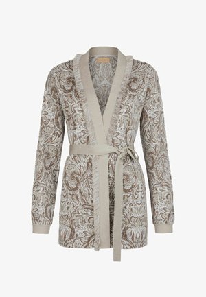 Beżowo-brązowy kardigan z długim rękawem, zdobiony wzorem paisley, z frędzlami na obszyciu i paskiem zawiązanym w pasie.