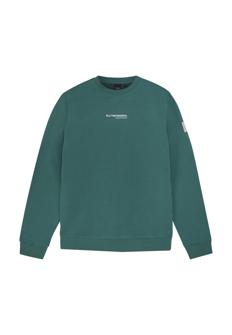 Groene sweatshirt met lange mouwen, geribbelde manchetten en zoom, met een klein wit logo op de borst en een textuurpatch op de mouw.