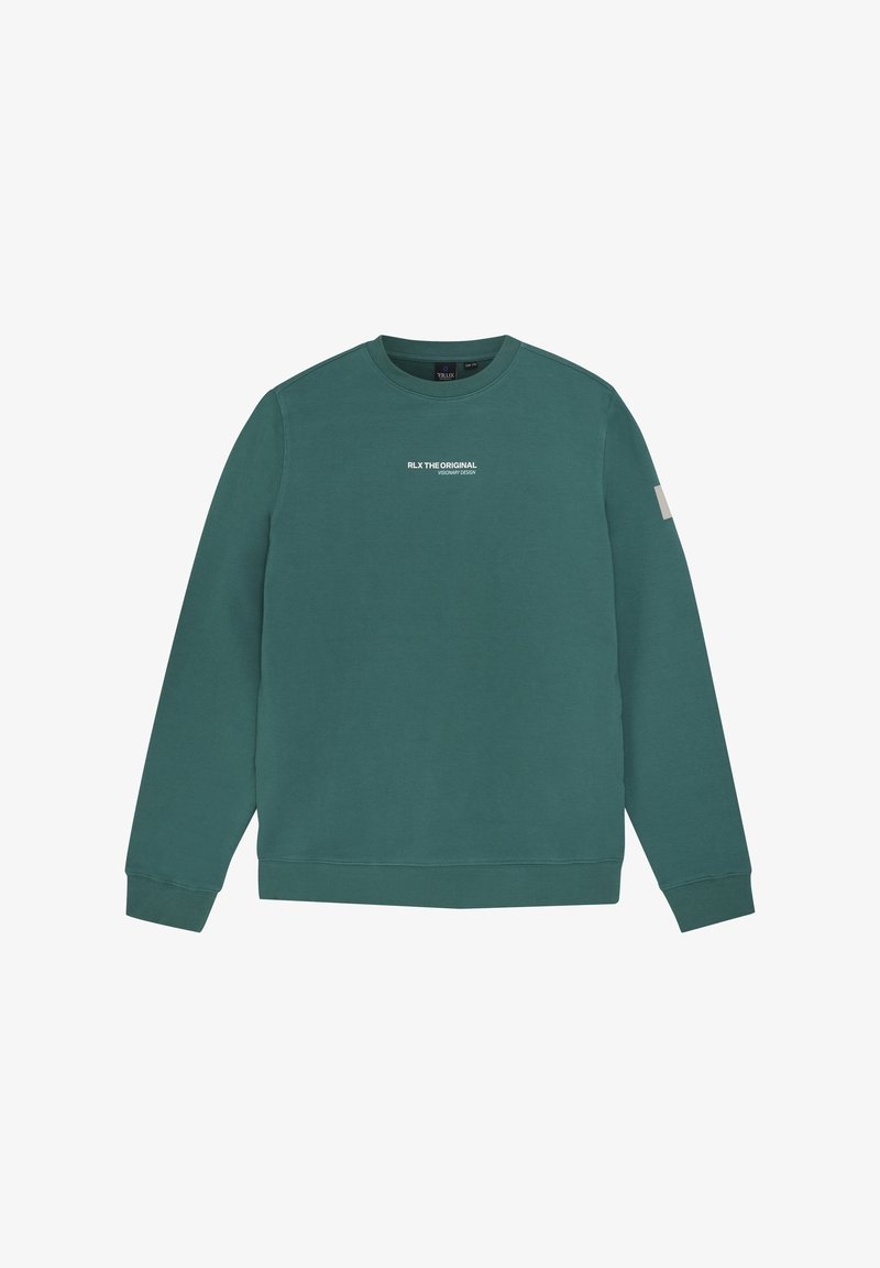 Groene sweatshirt met lange mouwen, geribbelde manchetten en zoom, met een klein wit logo op de borst en een textuurpatch op de mouw.