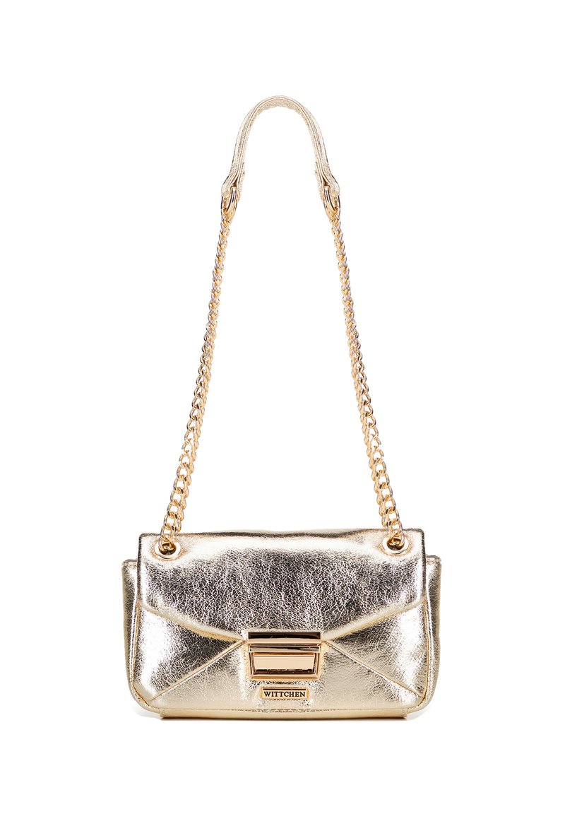Gold metallic handbag with a textured finish, featuring a chain strap and a flap closure. Includes a rectangular gold-colored hardware accent.
