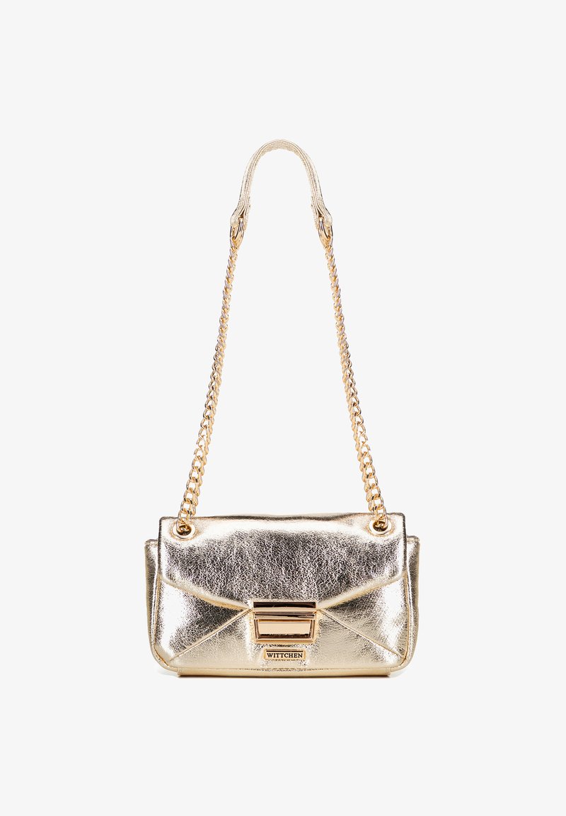 Gold metallic handbag with a textured finish, featuring a chain strap and a flap closure. Includes a rectangular gold-colored hardware accent.