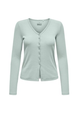 Hellgrüner Langarm-Cardigan mit V-Ausschnitt, Frontknöpfen und leicht gerippter Struktur. Schlichtes, tailliertes Design mit abgerundetem Saum.