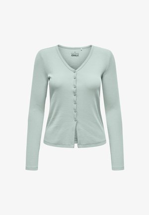 Hellgrüner Langarm-Cardigan mit V-Ausschnitt, Frontknöpfen und leicht gerippter Struktur. Schlichtes, tailliertes Design mit abgerundetem Saum.