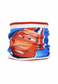 Écharpe tubulaire rouge et bleue avec un motif de voiture de course en dessin animé aux grands yeux, rehaussée de rayures blanches et bleues. Texture de tissu douce.