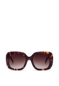 Tortois-shell zonnebril met een dikke vierkante rand en gradient bruine lenzen. Heeft afgeronde hoeken en een gladde, glanzende afwerking.