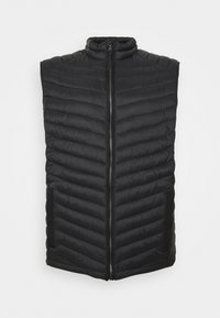 Gilet imbottito nero con colletto alto, design a righe verticali, chiusura frontale con zip e tasche laterali con dettagli in tessuto testurizzato.