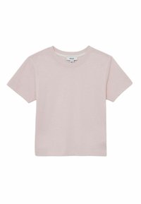 Lyserød kortærmet t-shirt lavet af bomuld, med rund hals og lige kant. Enkel design uden mønstre eller detaljer.