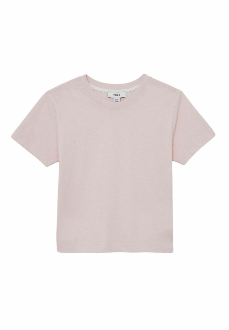 Lyserød kortærmet t-shirt lavet af bomuld, med rund hals og lige kant. Enkel design uden mønstre eller detaljer.
