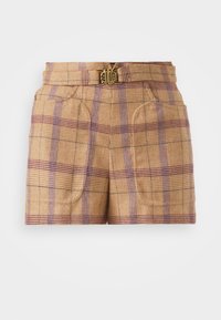 Shorts à carreaux en beige, violet et crème. Confectionnés dans un tissu texturé avec une boucle dorée en accent sur la taille et deux poches latérales.