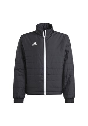 Schwarze gepolsterte Jacke mit hohem Kragen, Frontreißverschluss und elastischen Bündchen. Mit einem weißen Adidas-Logo auf der linken Brust.