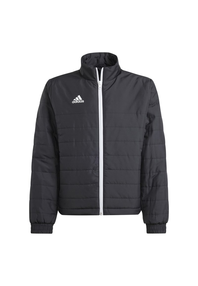 Veste matelassée noire avec un col montant, fermeture éclair devant et poignets élastiques. Présente un logo Adidas blanc sur la poitrine gauche.