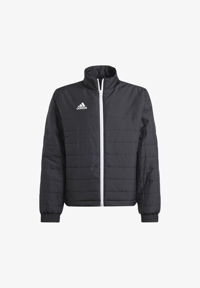 Giacca imbottita nera con colletto alto, zip frontale e polsini elasticizzati. Presenta il logo bianco di Adidas sul petto sinistro.