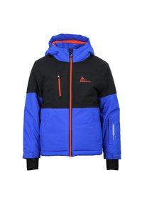Chaqueta aislante azul y negra con cremallera y detalles en naranja. Cuenta con una capucha, dos bolsillos frontales con cremallera y logo en el pecho.
