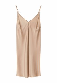 Beżowa satynowa sukienka na ramiączkach z cienkimi spaghetti, dekoltem w kształcie litery V oraz małym guzikiem na środku przodu.