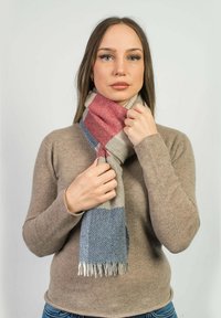 Uldhalsedisse med et ternet mønster i rød, beige og blå med frynser. Båret om halsen for at fremhæve sin tekstur og varme.