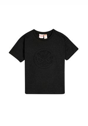 Sort bomulds t-shirt med et rundt Spider-Man emblem prentet på forsiden. Korte ærmer og rund hals. Glat tekstur.