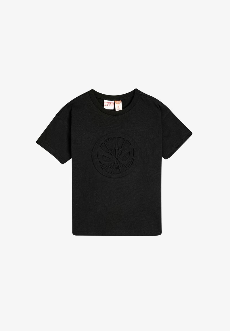 Sort bomulds t-shirt med et rundt Spider-Man emblem prentet på forsiden. Korte ærmer og rund hals. Glat tekstur.